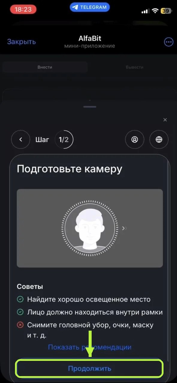 Экран подготовки камеры для проверки лица Liveness в AlfaBit