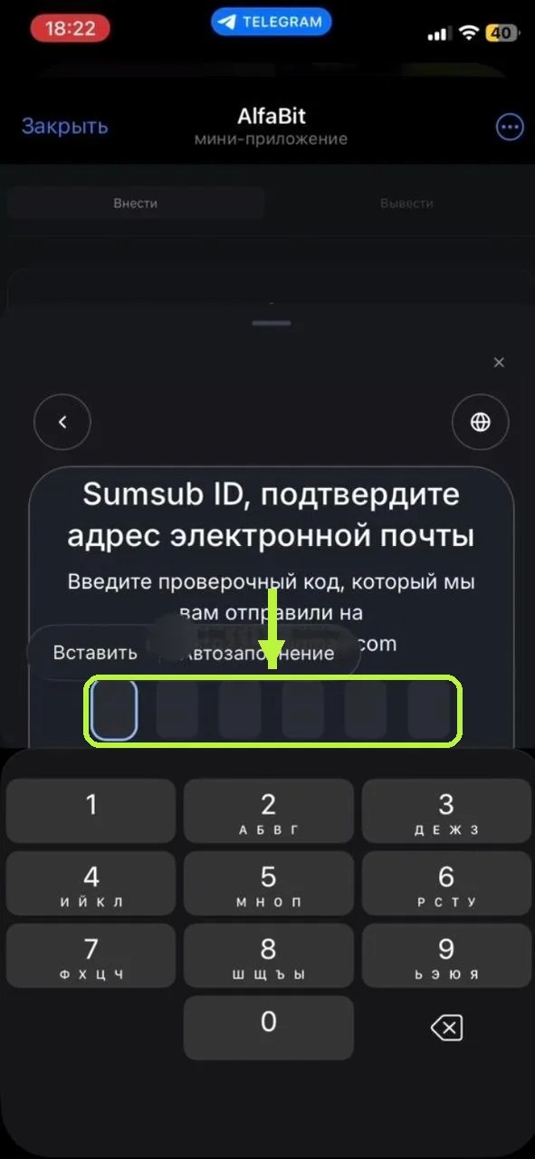Экран ввода проверочного кода из письма для подтверждения email в AlfaBit
