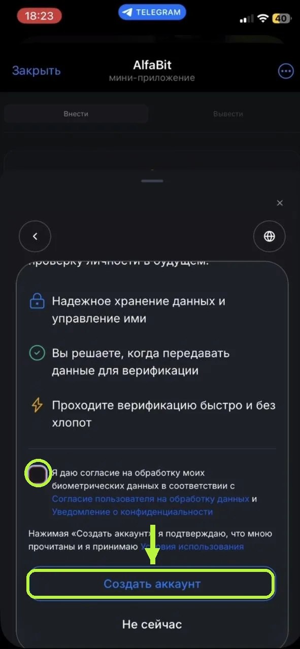 Экран согласия на обработку данных и кнопка Создать аккаунт в AlfaBit