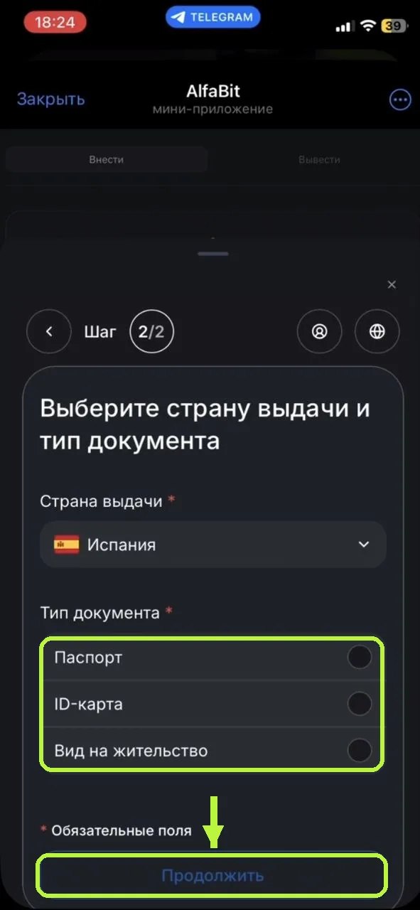 Экран выбора страны выдачи и типа документа в верификации AlfaBit