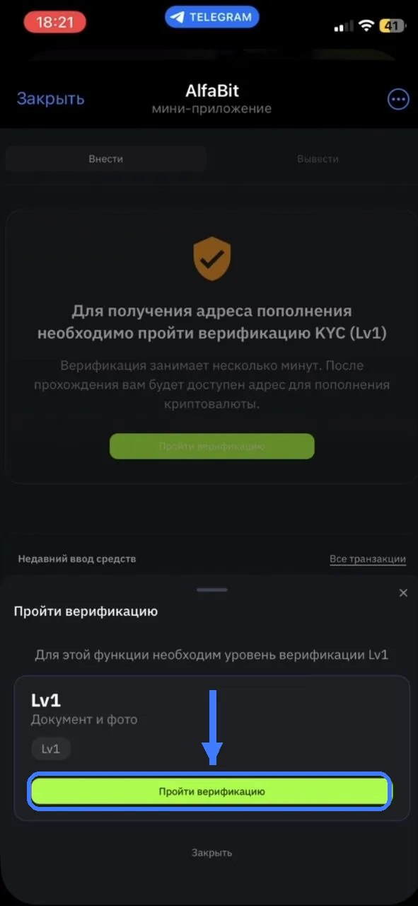 Экран AlfaBit: для пополнения нужно пройти верификацию KYC уровня Lv1