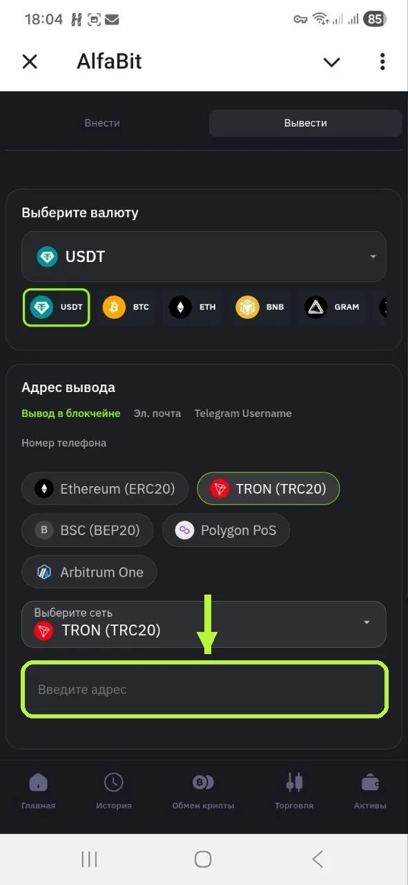 Форма вывода средств AlfaBit: выбор USDT, сети TRON TRC20 и поле для адреса кошелька
